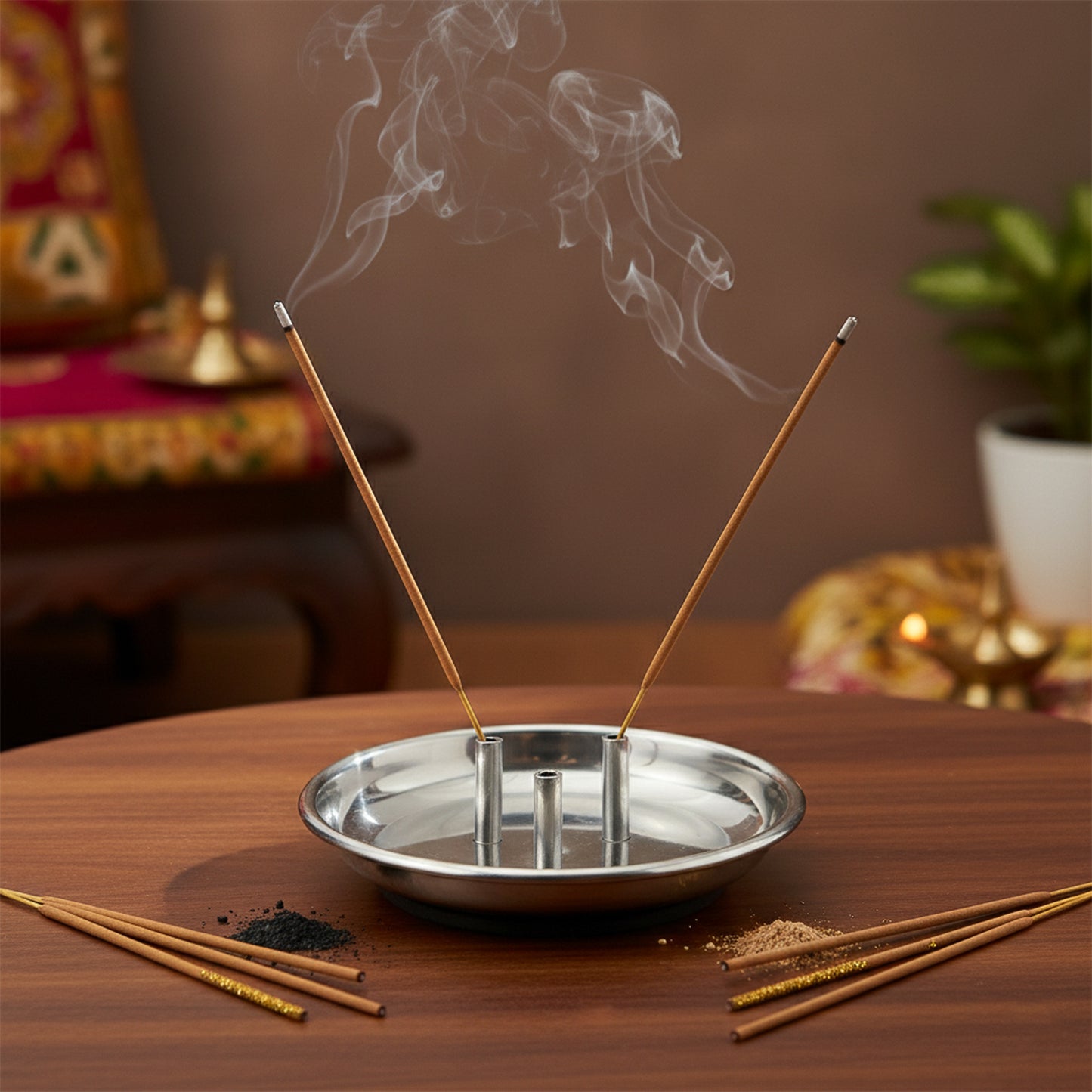 Stainless steel Lotus Agarbatti stand with triple stick holder by Wukusy, designed for incense sticks and decorative use.