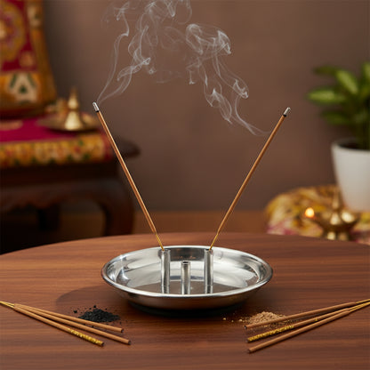 Stainless steel Lotus Agarbatti stand with triple stick holder by Wukusy, designed for incense sticks and decorative use.