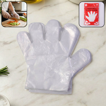Pack of 100 Wukusy disposable transparent plastic gloves, showing clear, thin gloves suitable for hygiene and protection.