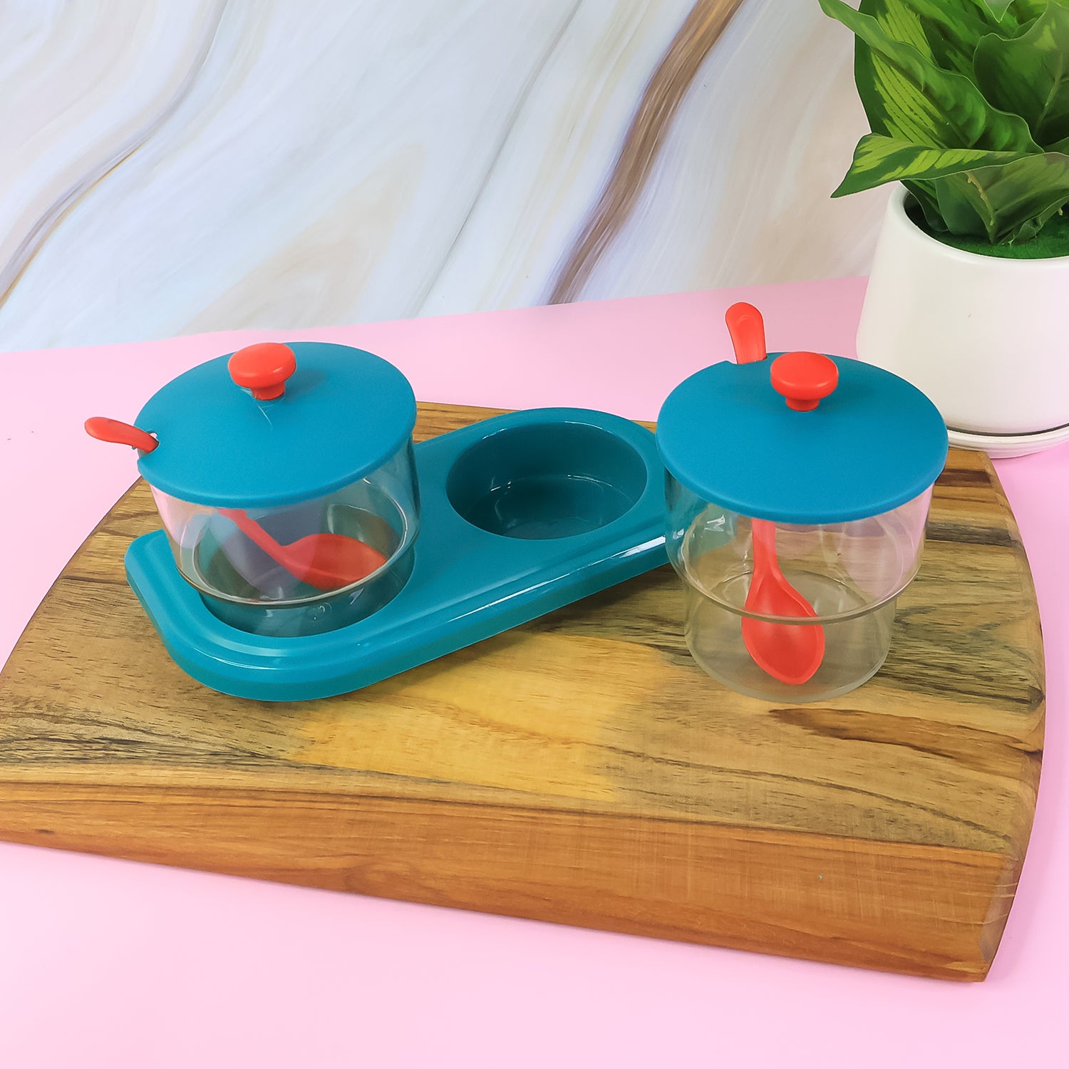 Wukusy Supermom Storewell 2-piece spice and condiment container set for kitchen storage, with clear lids and compact design.