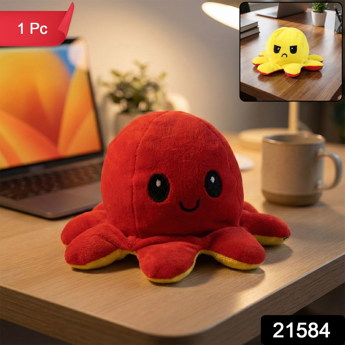 Reversible Wukusy Octopus mini plush toy showing both smiling and frowning sides, soft and colorful for kids.