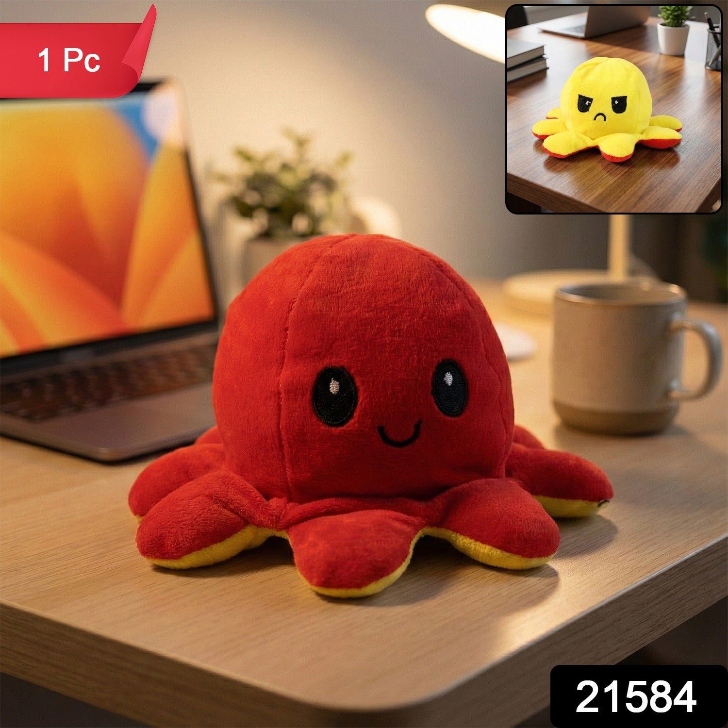 Reversible Wukusy Octopus mini plush toy showing both smiling and frowning sides, soft and colorful for kids.