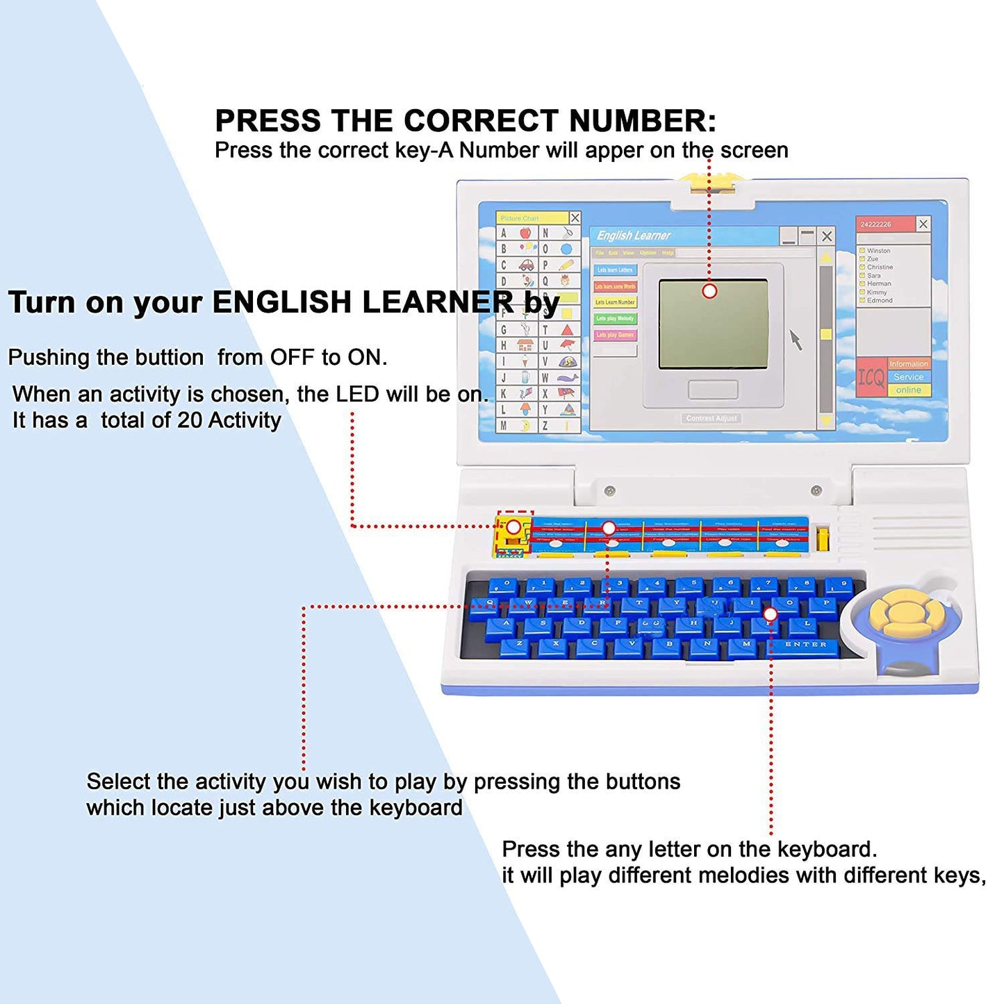 Wukusy English Learner Educational Laptop Toy with colorful keyboard and screen showing learning activities for kids.