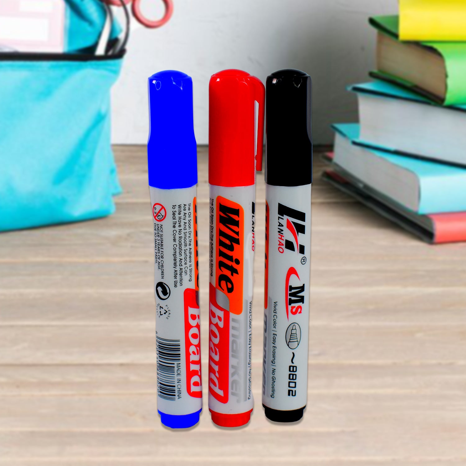 Wukusy whiteboard marker set with blue, black, and red markers and board duster for office use in a pack of four.