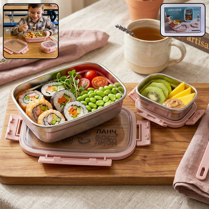Wukusy Ganesh Alpha Junior stainless steel lunch box set with 650ml and 140ml containers, ideal for kids' meals.