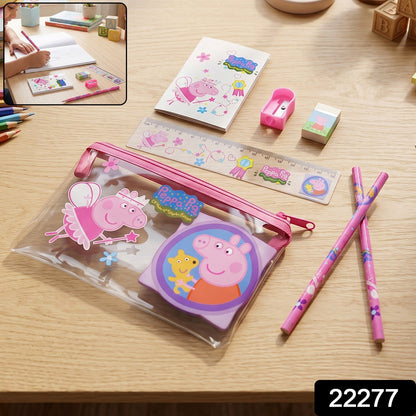 Kids school stationery kit by Wukusy with pencils, eraser, sharpener, ruler, and pouch in a colorful set.