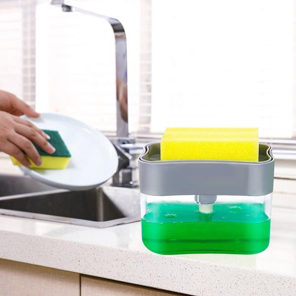 Wukusy 1485 liquid soap dispenser with sponge holder on kitchen countertop, suitable for pet-friendly home use