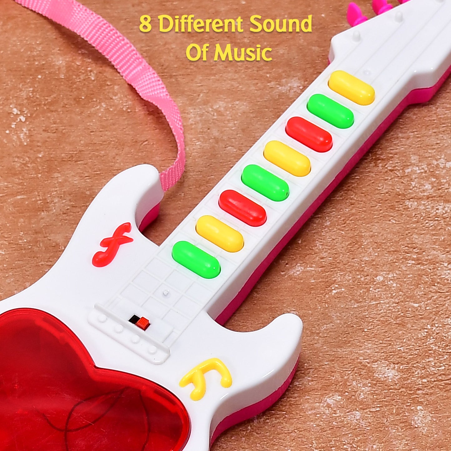 Wukusy mini guitar toy with colorful lights, battery-operated musical instrument for kids aged 3 and up, featuring a small guitar shape.