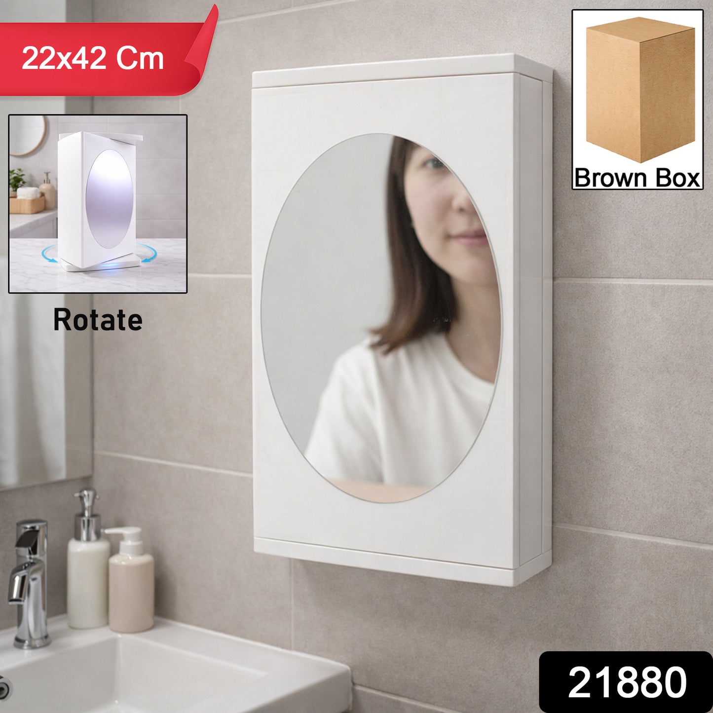 Wall-mounted Wukusy bathroom mirror cabinet with rotating mirror, 22x42 cm, featuring storage space and sleek design.