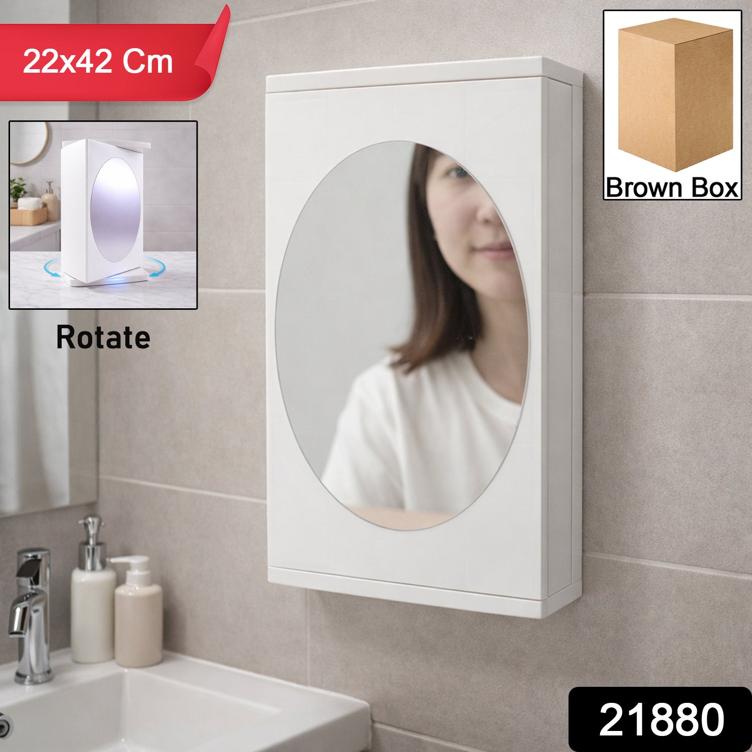 Wall-mounted Wukusy bathroom mirror cabinet with rotating mirror, 22x42 cm, featuring storage space and sleek design.