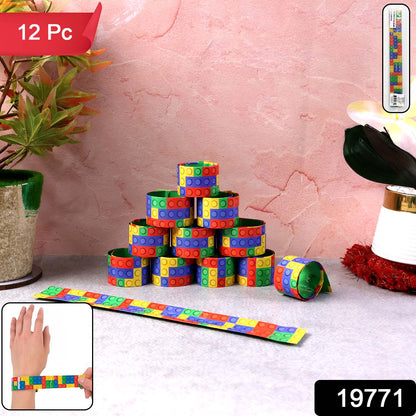 Colorful Snap Slap Bracelet Toy set by Wukusy featuring 12 vibrant, flexible rubber bracelets for kids' play and fun.