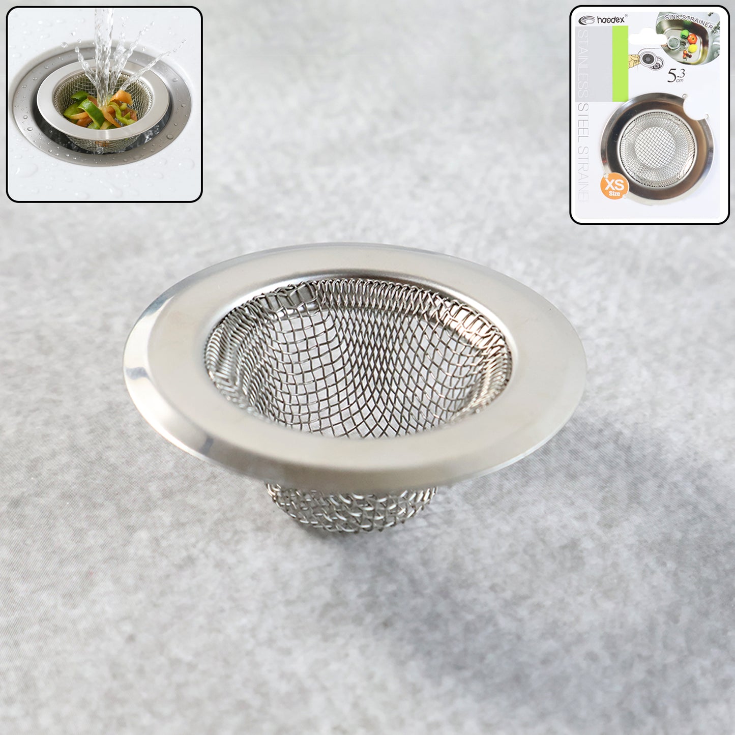 Small stainless steel kitchen sink drain strainer and stopper, 7 cm, by Wukusy, shown in a close-up view.