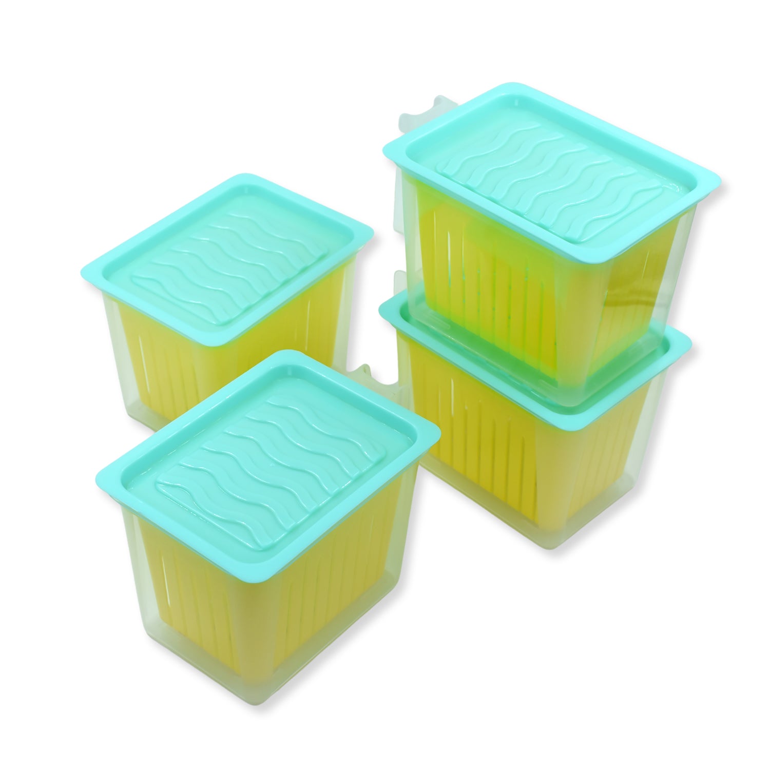 Set of four Wukusy plastic fridge storage containers with handles, ideal for organizing kitchen food and leftovers.