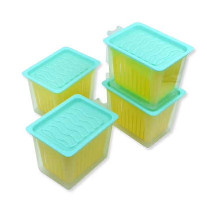Set of four Wukusy plastic fridge storage containers with handles, ideal for organizing kitchen food and leftovers.