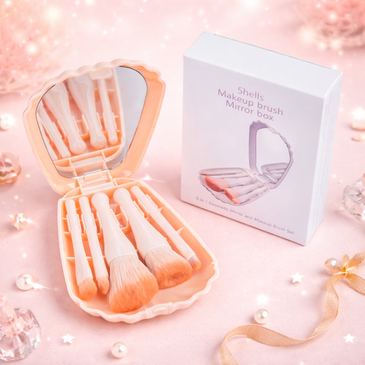 Wukusy 5-in-1 makeup brush set with mirror and compact cosmetic kit, featuring multiple brushes in a sleek box.