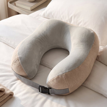 Beige U-shaped memory foam travel neck pillow with buckle strap, designed for comfort and support during trips, by Wukusy.