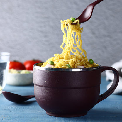 Wukusy 8130 stainless steel noodles soup bowl with handle spoon and fork, includes spoon holder for kitchen or dining use