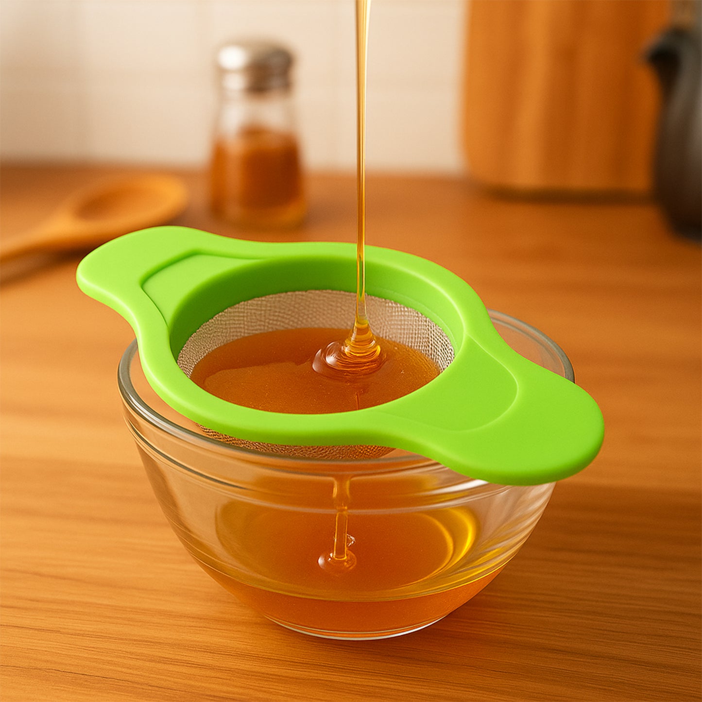 Wukusy stainless steel mesh strainer with dual handle plastic frame, ideal for sifting and draining in kitchen cookware.