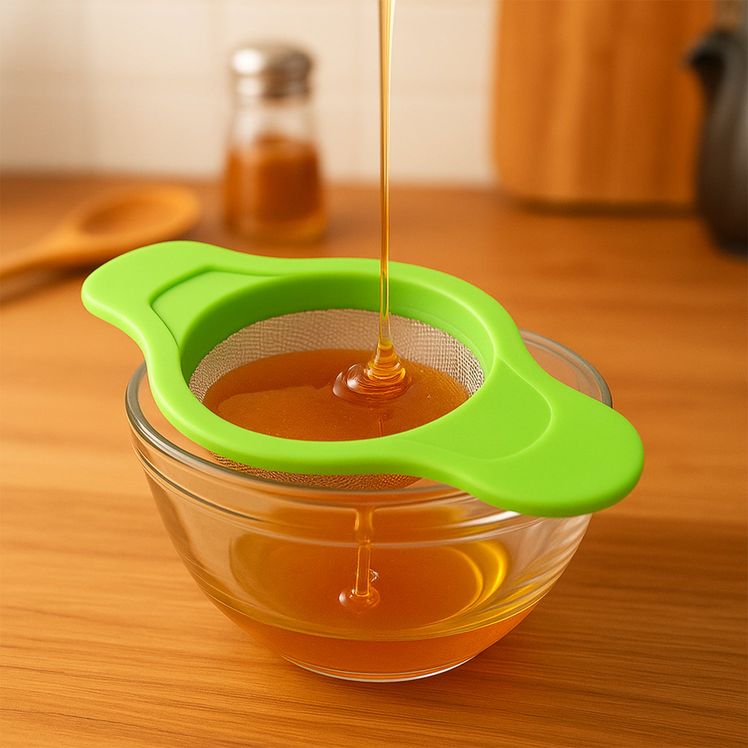 Wukusy stainless steel mesh strainer with dual handle plastic frame, perfect for straining liquids and fine particles in the kitchen