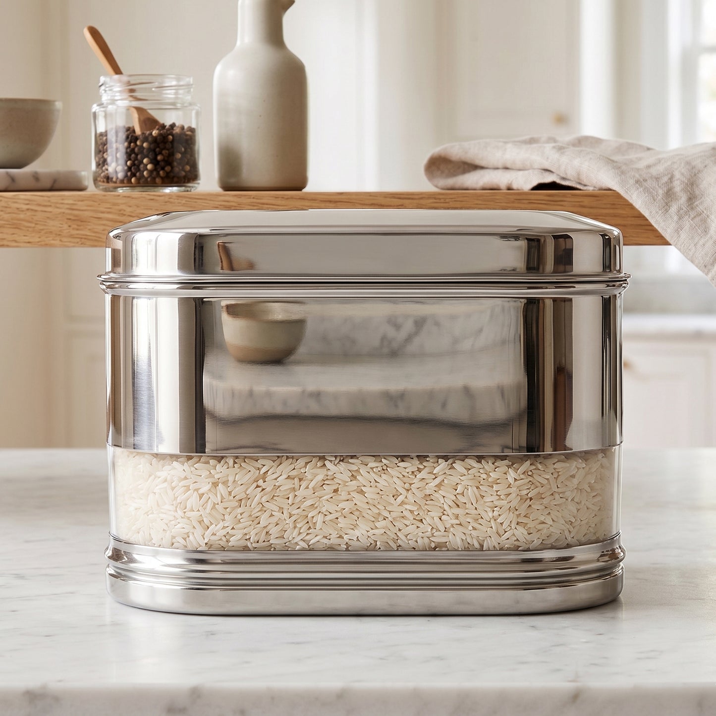 Supermom premium stainless steel modular oval canister by Wukusy, 1500 ml, with a sleek, polished finish and secure lid for storage.