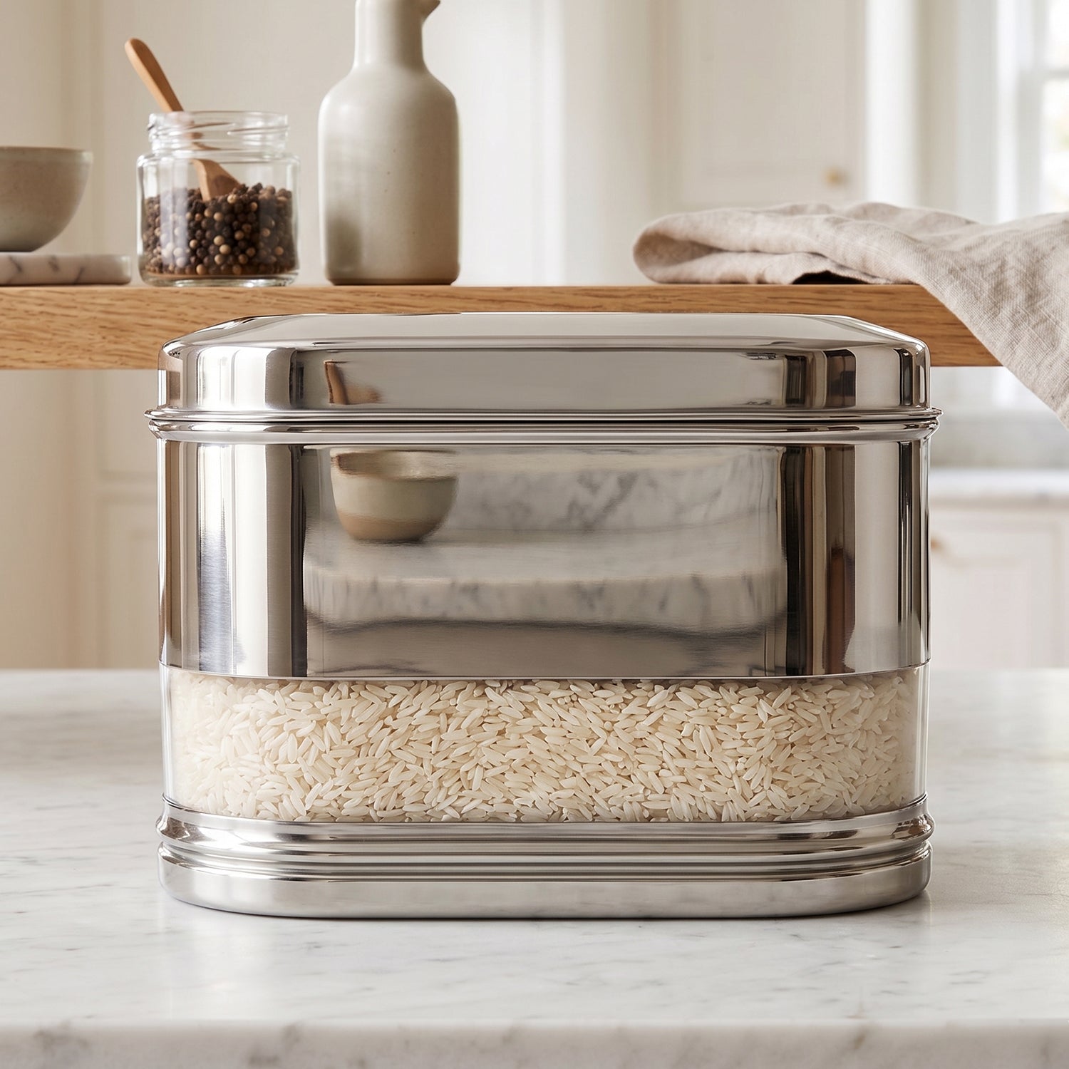 Supermom premium stainless steel modular oval canister by Wukusy, 1500 ml, with a sleek, polished finish and secure lid for storage.