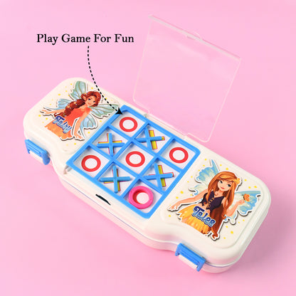 Kids pencil box with built-in Tic Tac Toe game from Wukusy, featuring colorful plastic storage for school supplies.