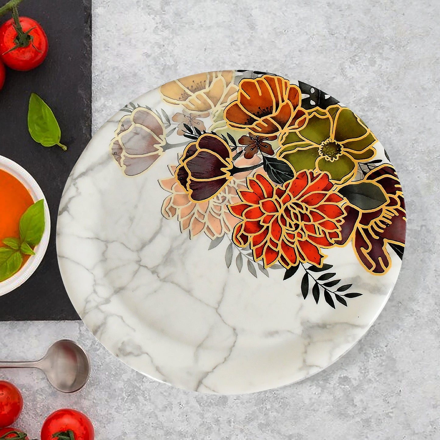 Wukusy 8231 Dream plastic dinner set with flower design, includes 6 plates, 6 bowls, 6 serving spoons, microwave and dishwasher safe