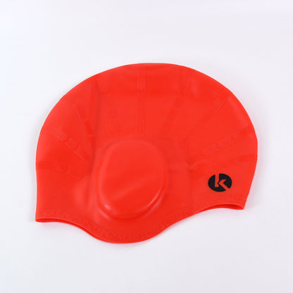 Wukusy professional silicone swimming cap in black, designed for swimmers, showing a smooth, snug fit on a model's head.