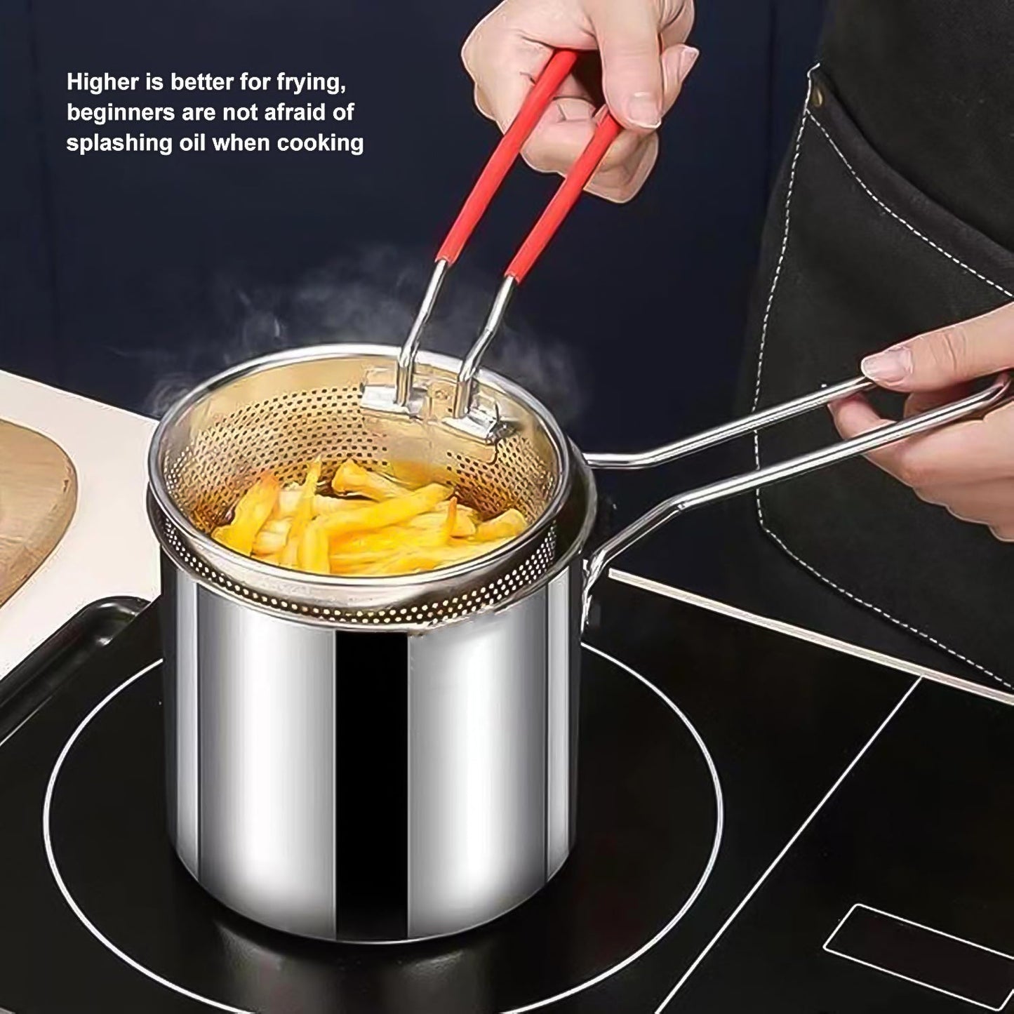 Wukusy small deep frying pot with strainer basket set, stainless steel cookware ideal for frying and draining foods