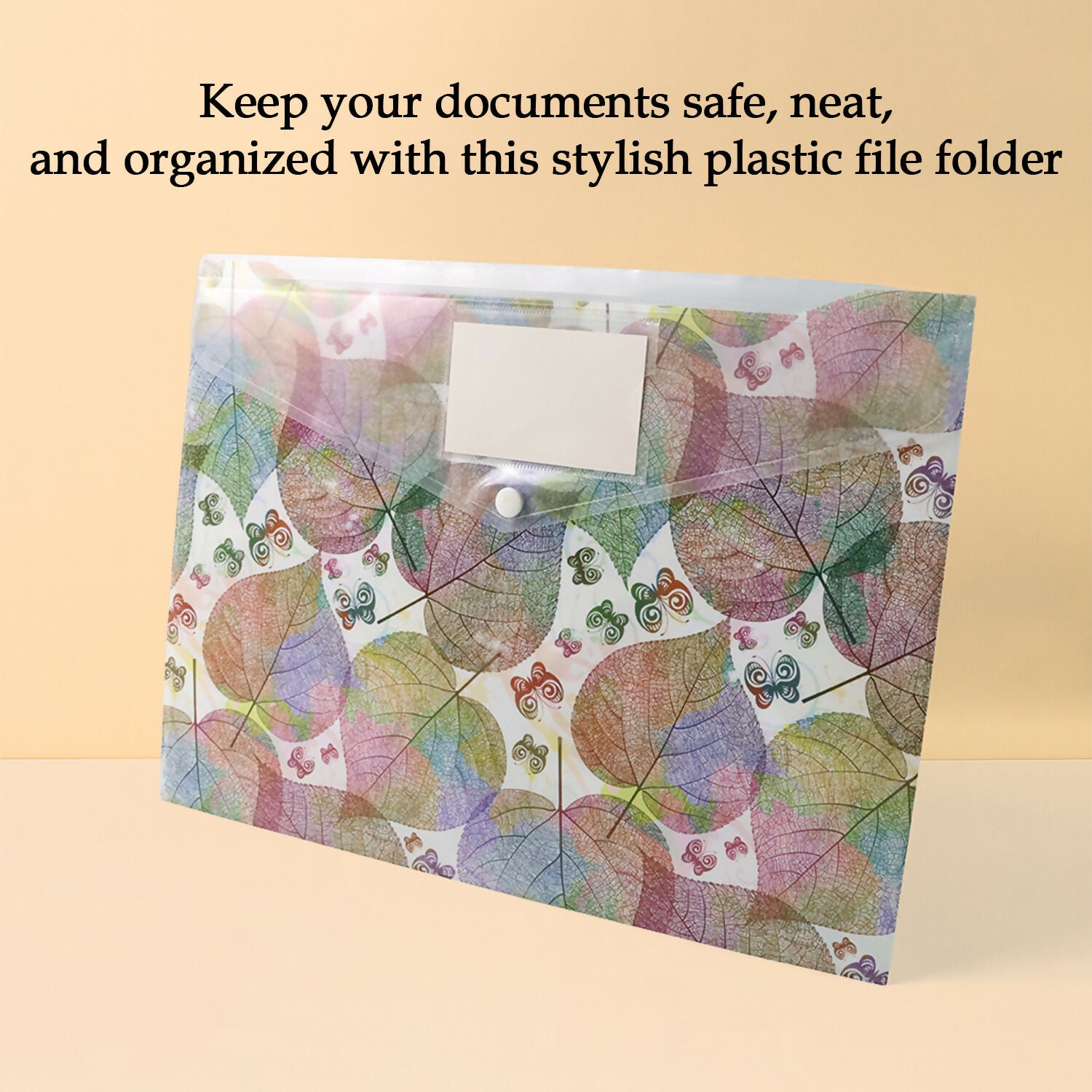 Wukusy printed A4 document folder with leaf design, button closure, and label slot for organized file storage.