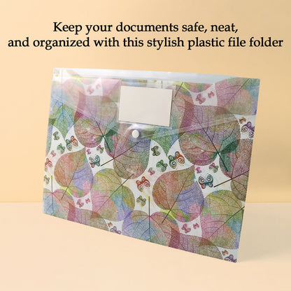 Wukusy printed A4 document folder with leaf design, button closure, and label slot for organized file storage.