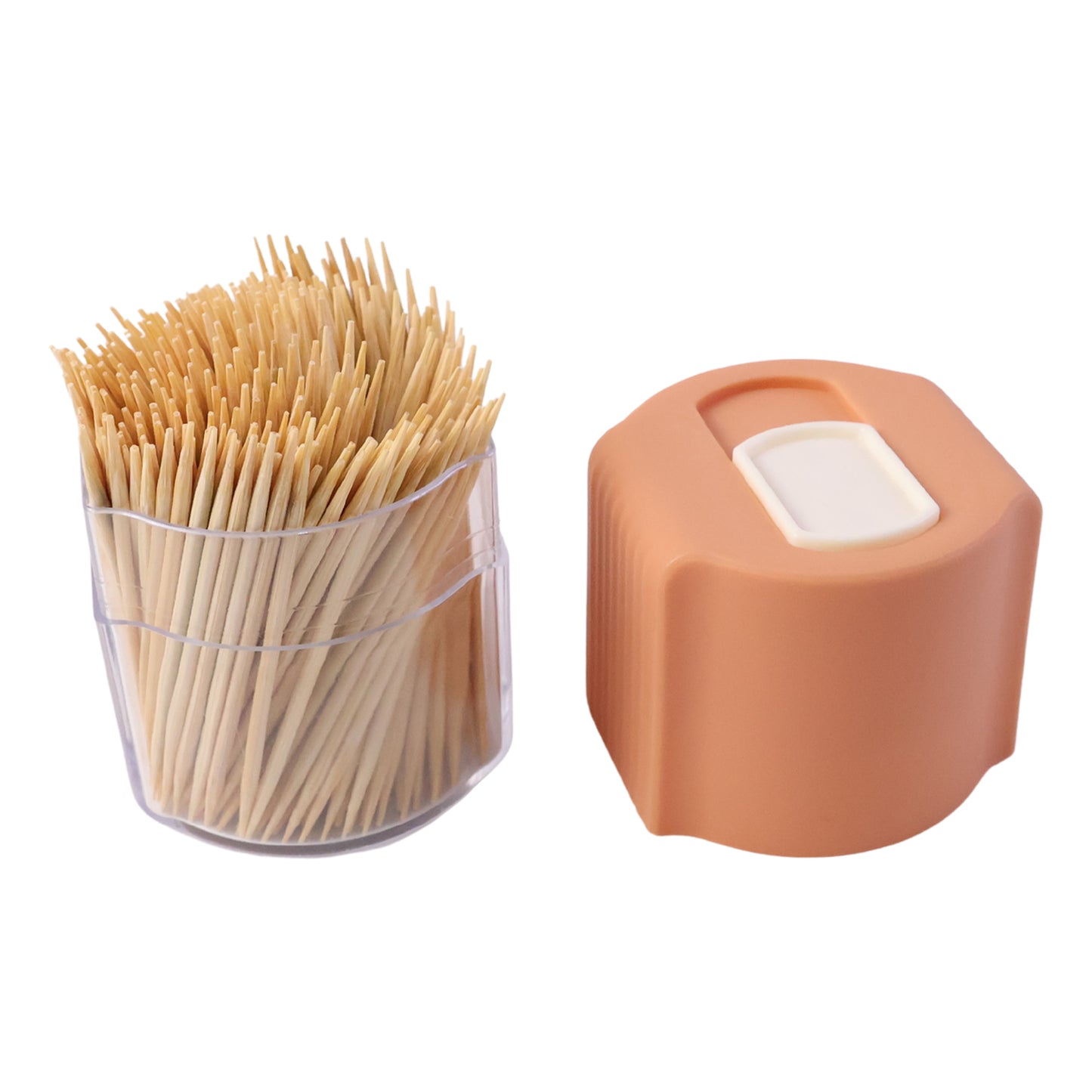 Wukusy toothpick dispenser box set with automatic pop-up holder on a dining table, compact and convenient for kitchen use.