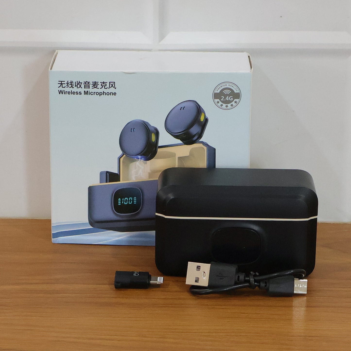 Wukusy premium wireless lavalier microphone set with clip-on microphones, compact receiver, and accessories for clear audio recording.