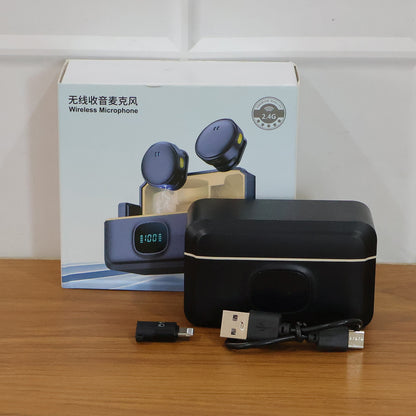 Wukusy premium wireless lavalier microphone set with clip-on microphones, compact receiver, and accessories for clear audio recording.
