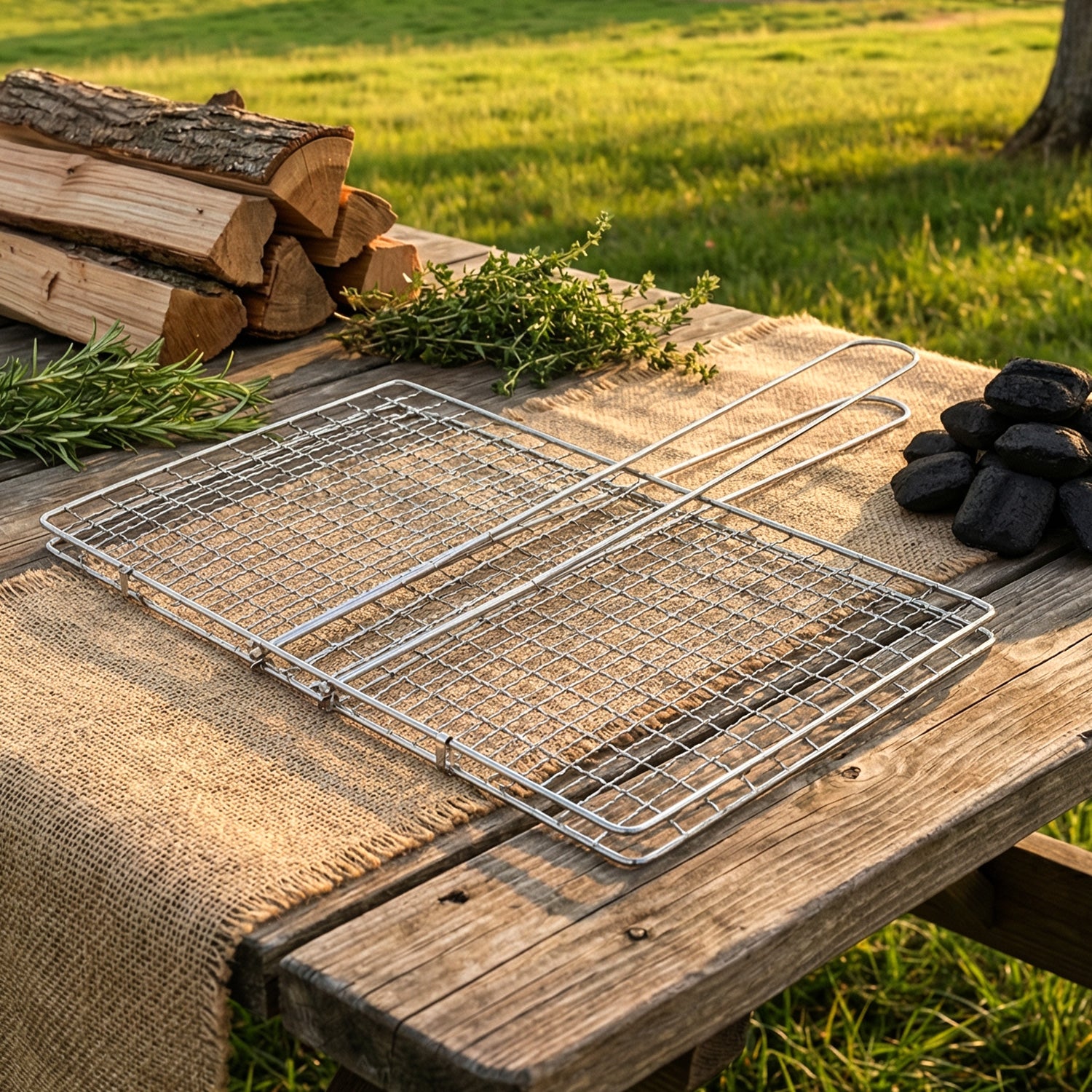 Heavy-duty stainless steel barbecue grill basket by Wukusy, designed for grilling vegetables and meats over open flames.
