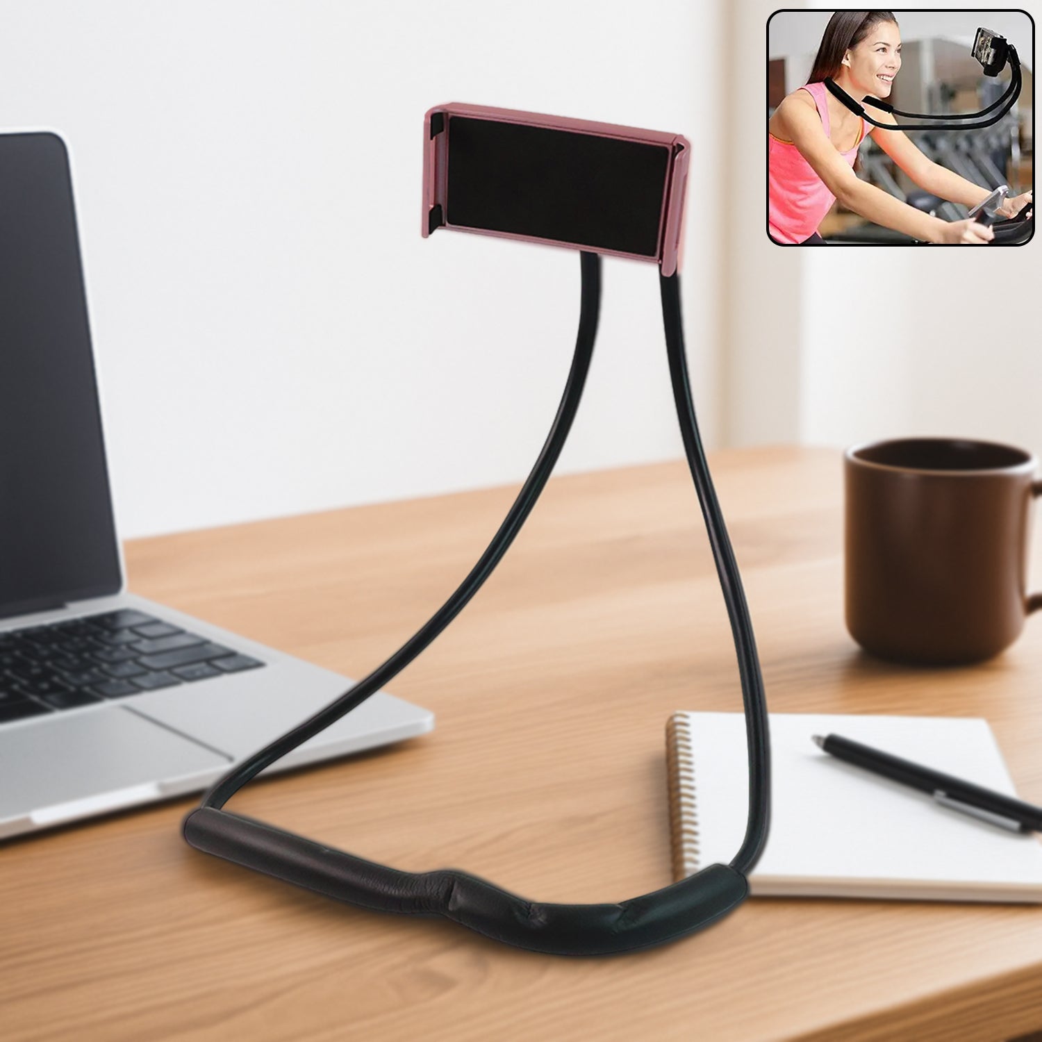 Wukusy neck phone holder desktop lazy stand with adjustable support for hands-free phone viewing, shown in black.