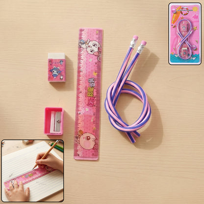 Kids school stationery kit by Wukusy, 5-in-1 cute cartoon set with flexible pencils and colorful stationery items.