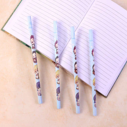 Four colorful cartoon printed pencils for kids from Wukusy, cute school writing tools with fun designs and bright colors.