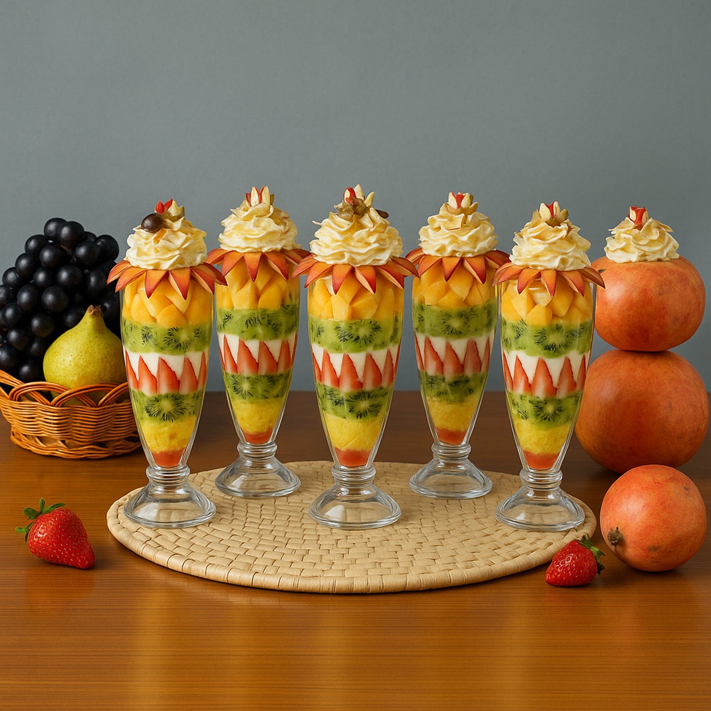 Six Wukusy Apex Premium Dessert Falooda glasses, 400ml capacity each, displayed with colorful dessert layers inside.