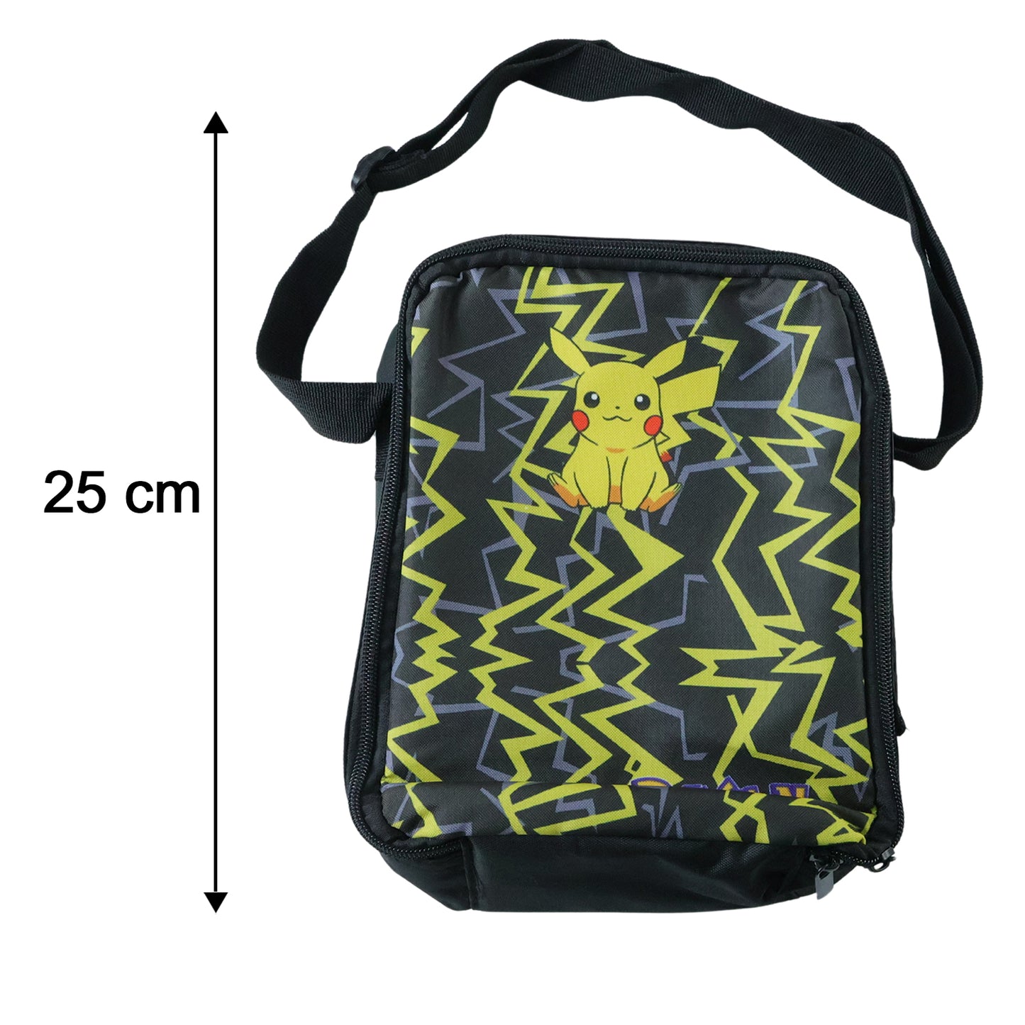 Kids cartoon print lunch bag by Wukusy with adjustable strap, featuring colorful cartoon characters, measuring 19x24 cm.
