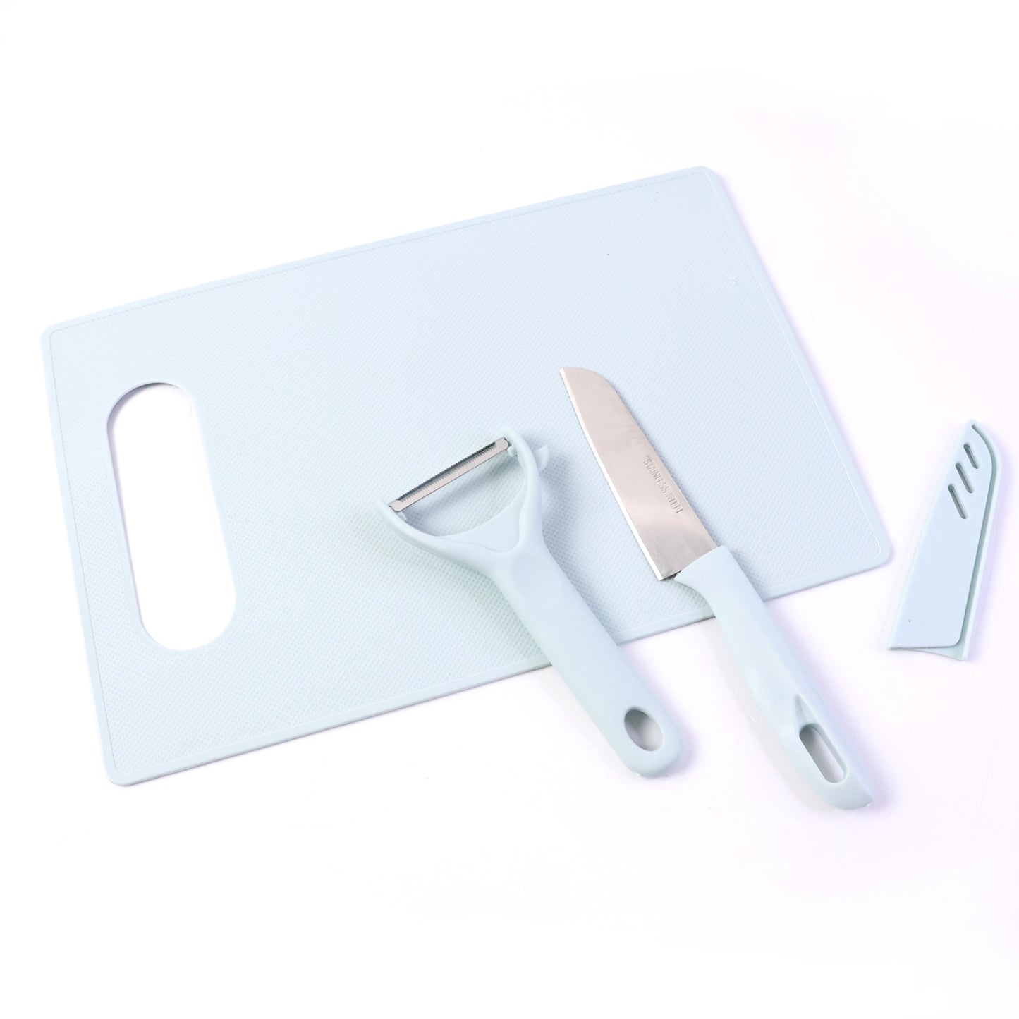 Wukusy 3-in-1 kitchen knife and chopping board set with a knife, chopping board, and knife holder on a kitchen countertop.