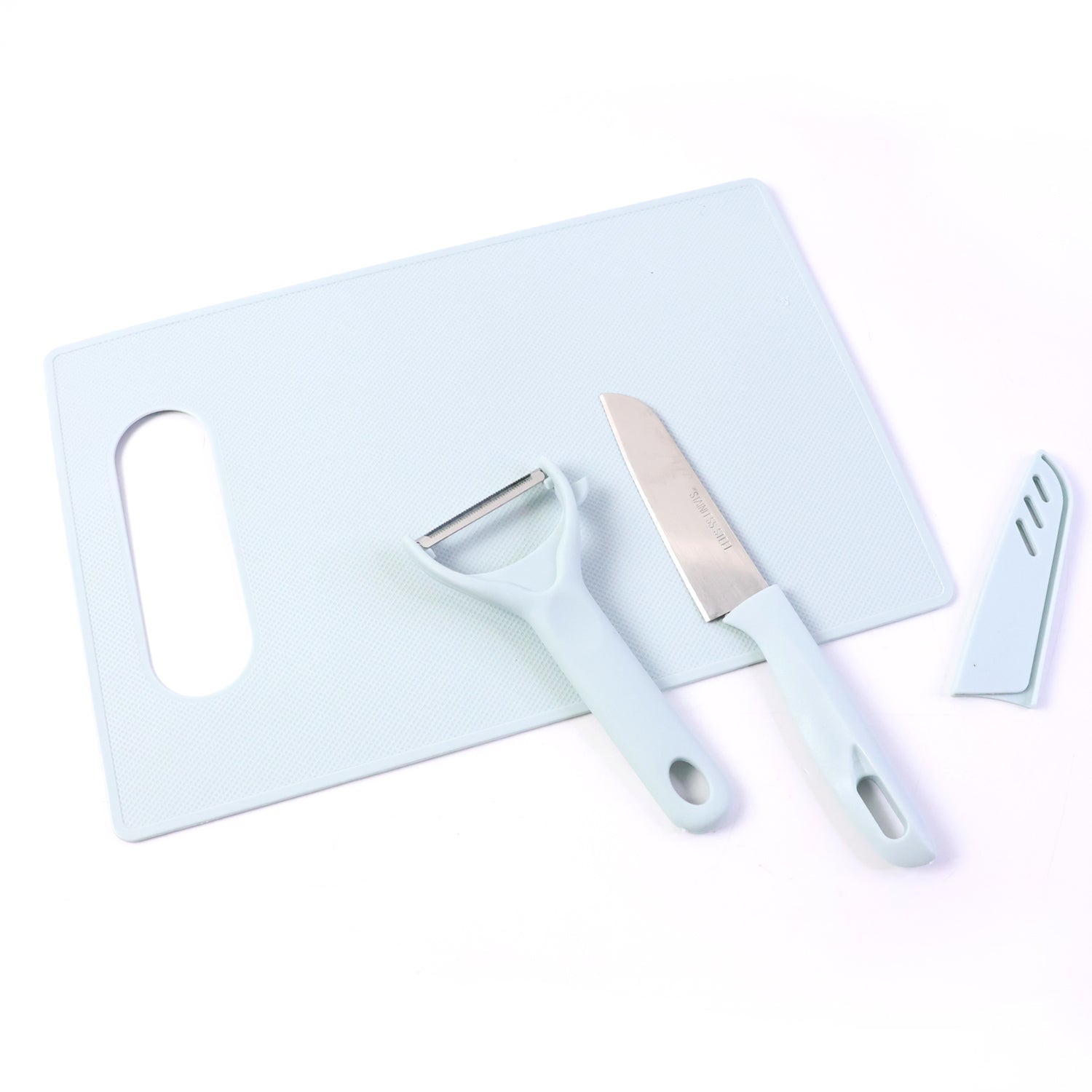 Wukusy 3-in-1 kitchen knife and chopping board set with a knife, chopping board, and knife holder on a kitchen countertop.