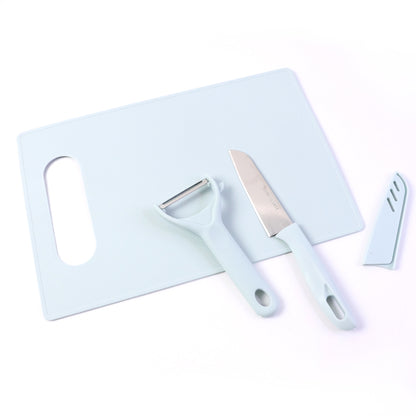 Wukusy 3-in-1 kitchen knife and chopping board set with a knife, chopping board, and knife holder on a kitchen countertop.