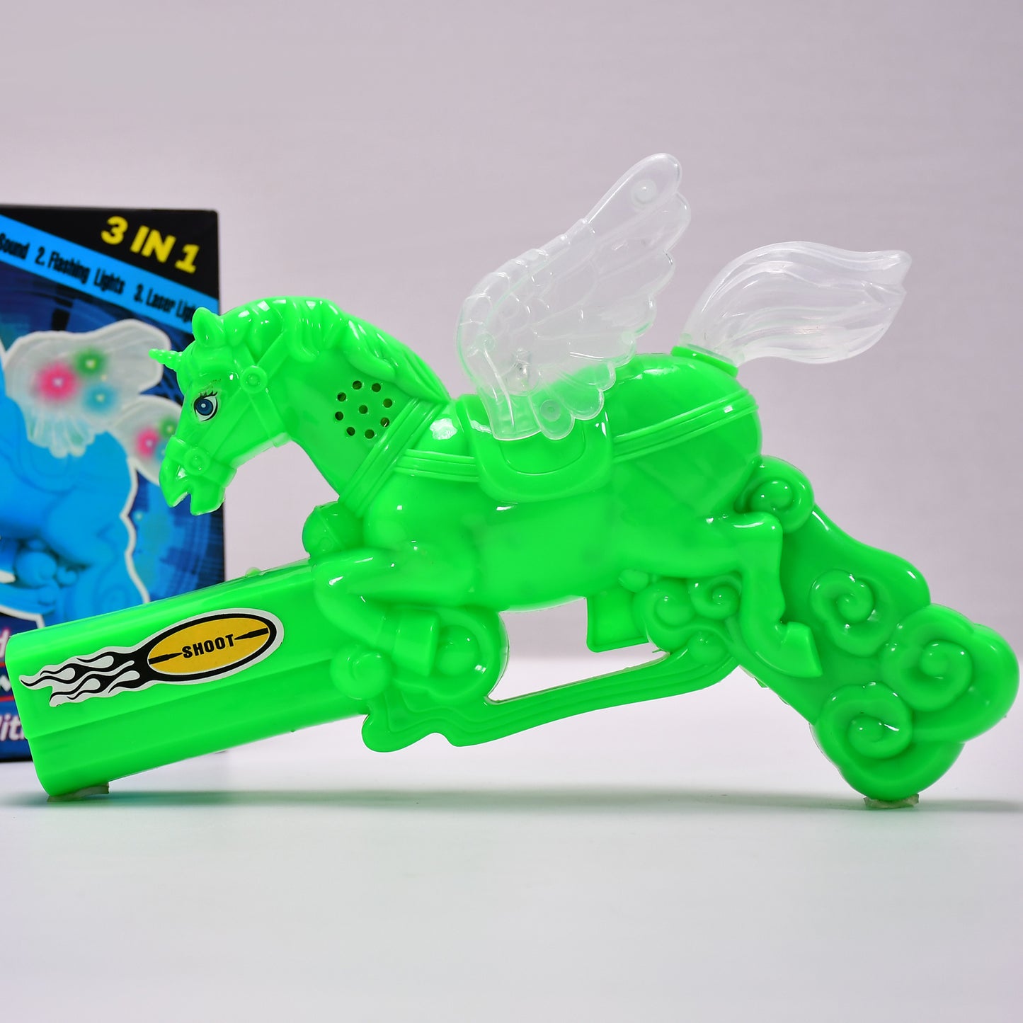 Wukusy 4411 musical laser light effect gun toy for kids, with colorful lights and interactive features, suitable for children's play.
