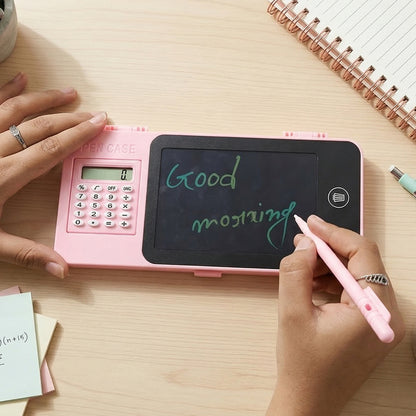 Wukusy LCD writing tablet with pencil case and built-in calculator, front view showing screen and storage pocket.