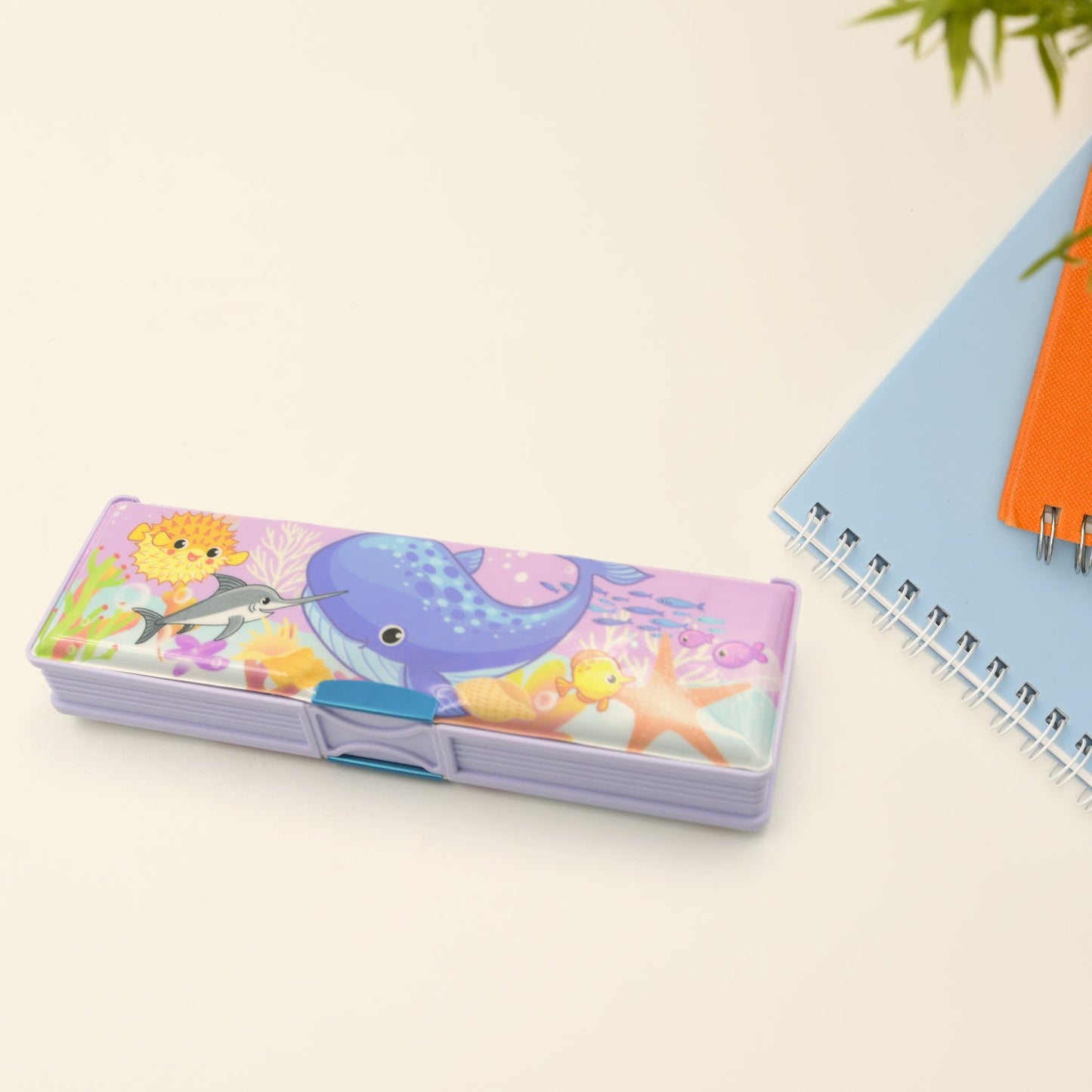 Wukusy 4138 plastic double deck pencil case with compartments, cartoon print, ideal for school supplies and kids' organization.