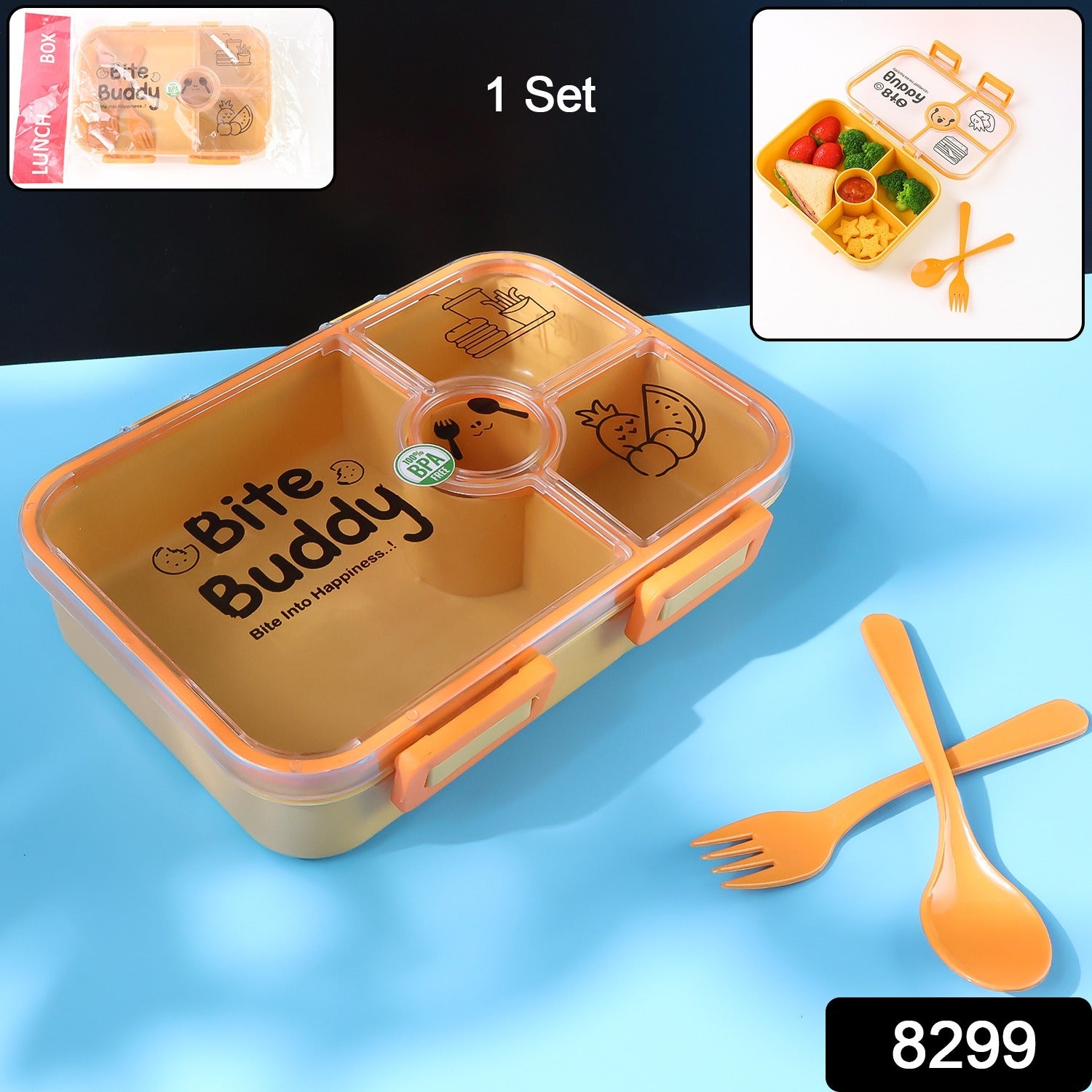 Wukusy Bite Buddy plastic lunch box with four compartments, leak-resistant design, includes spoon and fork for meals.