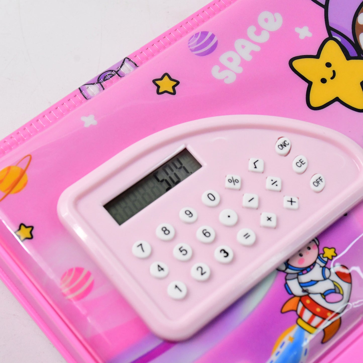 Wukusy space-themed multi-functional pencil box with built-in calculator for office use, featuring compartments for stationery.