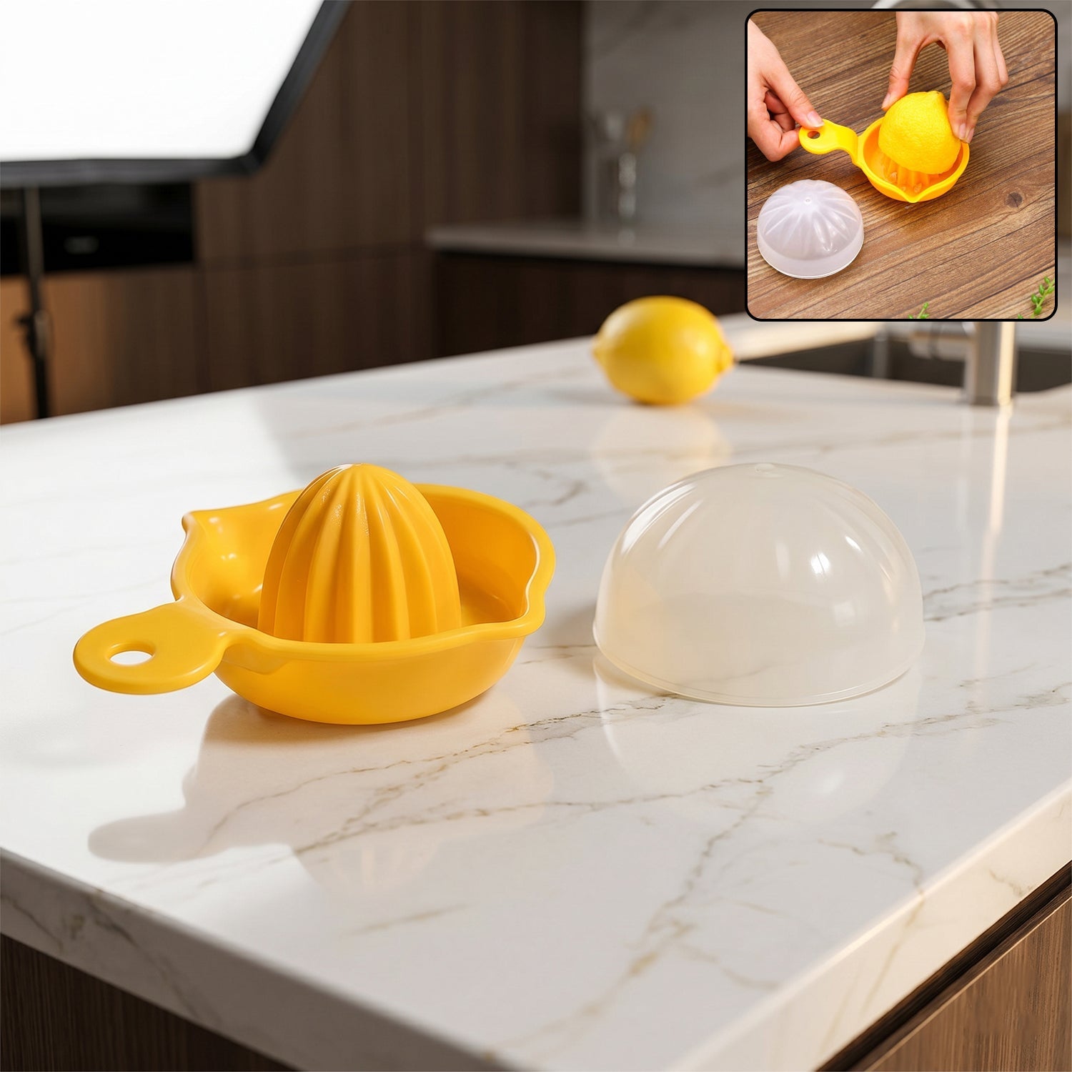Yellow Wukusy manual citrus juicer for lemons and oranges, hand-operated squeezer for home use, compact kitchen tool.