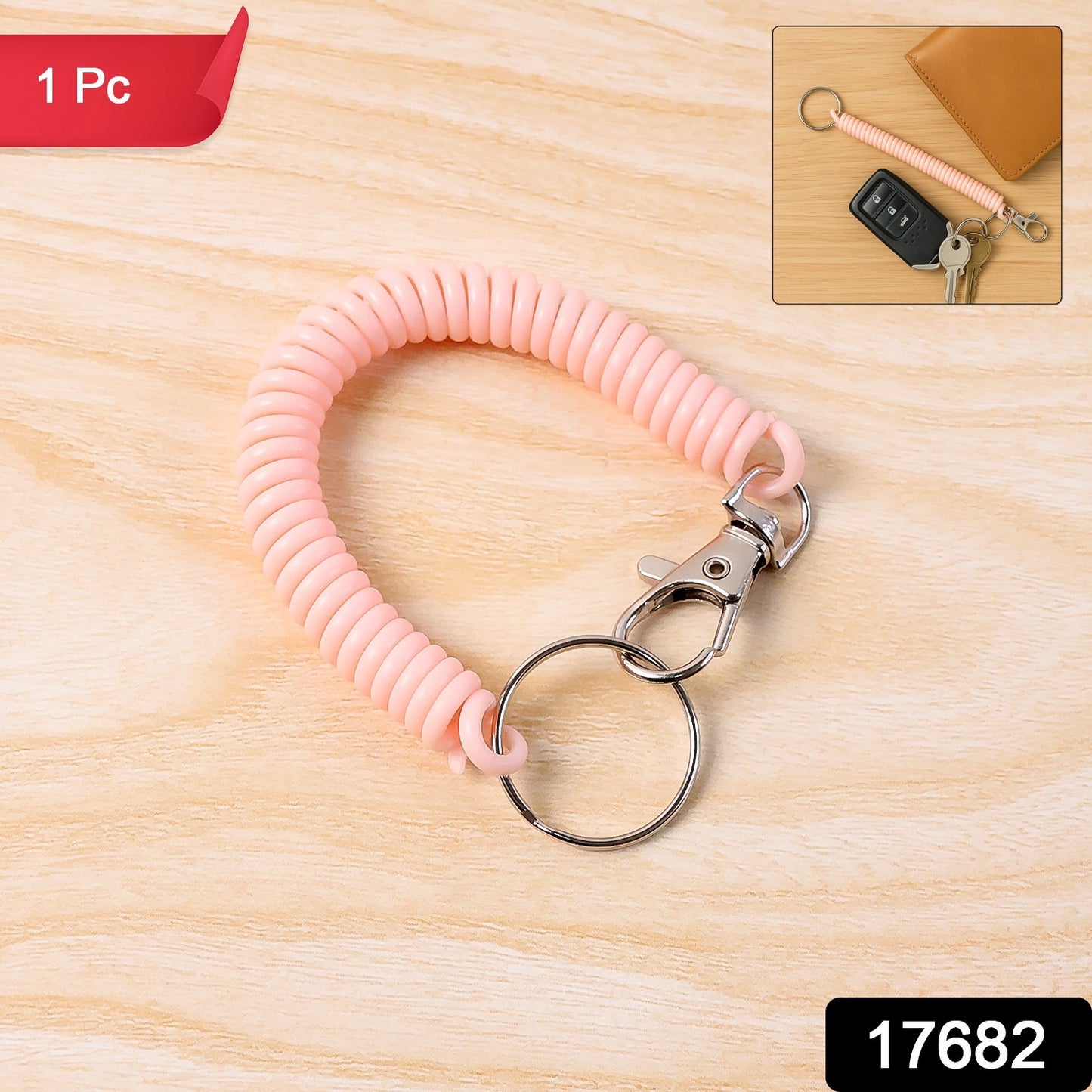 Wukusy elastic spiral coil keychain bracelet with metal key ring and clip hook, versatile accessory for keys or bags.